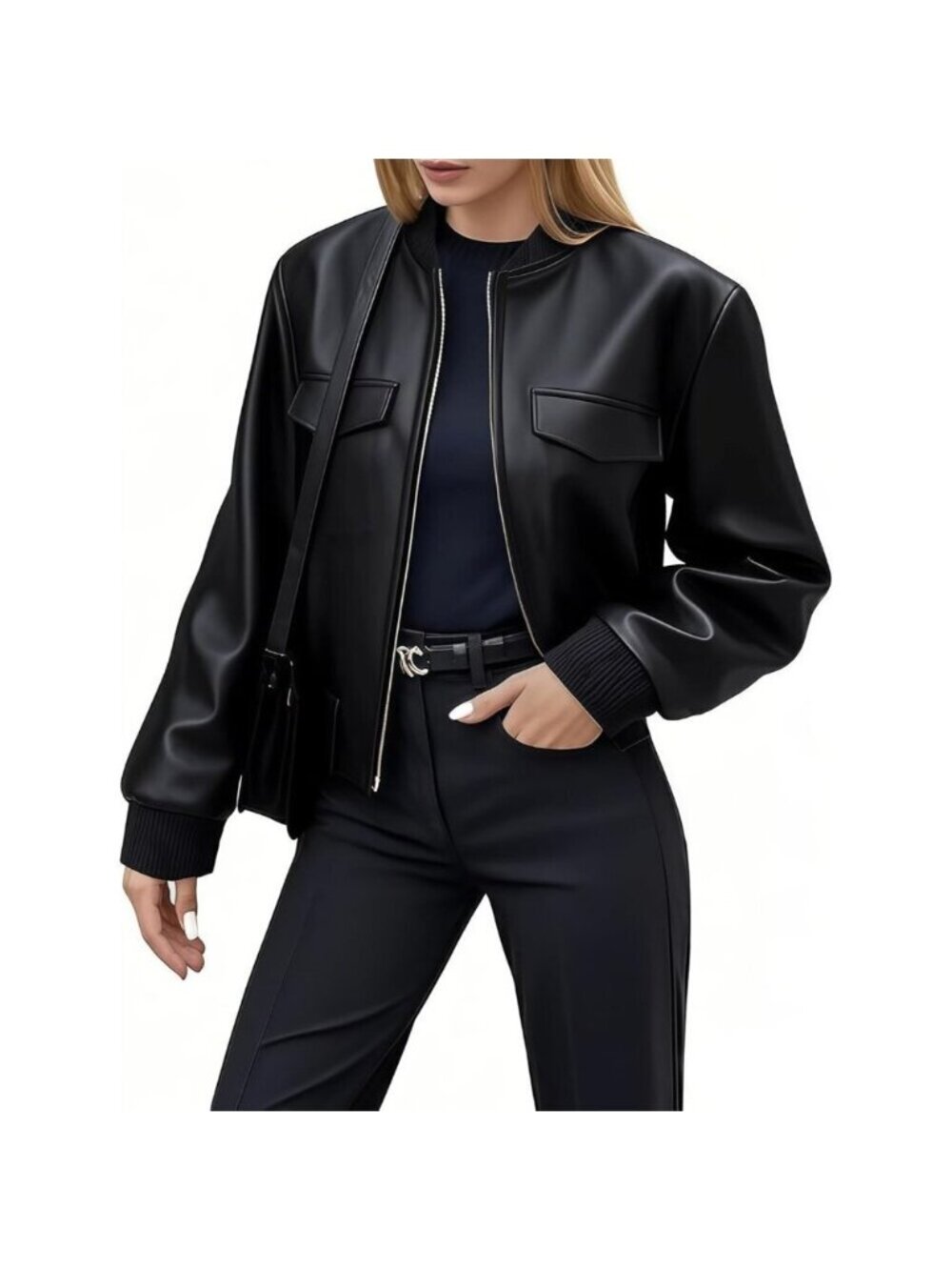 Women's Leather Jacket Faux Cropped Bomber Coat Cute Short Vacation Black